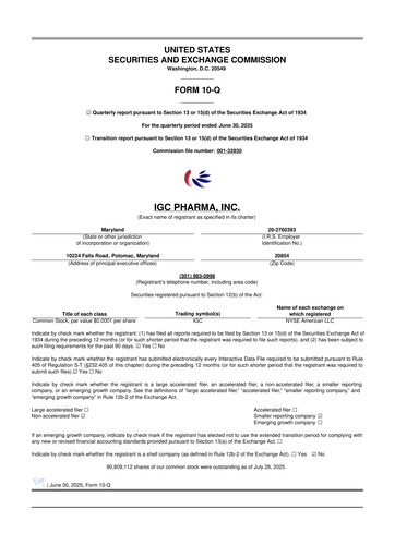 Thumbnail 	IGC Pharma 10-Q Quarterly Report FY2026 