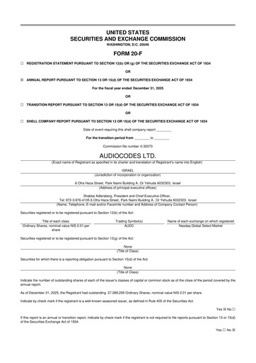 Thumbnail AudioCodes 20-F Annual Report 