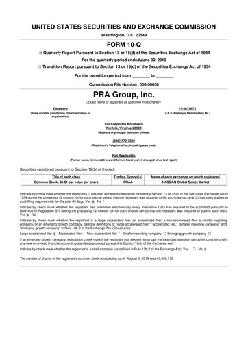 Thumbnail PRA Group
 10-Q Quarterly Report FY2019 