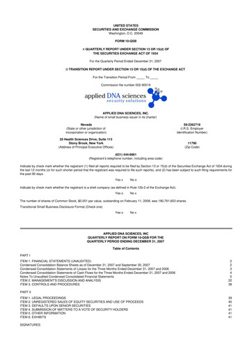 Miniature Applied DNA Sciences
 10-Q Rapport trimestriel  