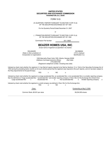 Thumbnail Beazer Homes USA
 10-Q Quarterly Report FY 