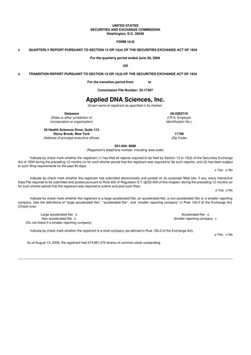 Miniature Applied DNA Sciences
 10-Q Rapport trimestriel  