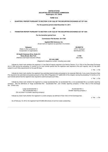 Miniature Applied DNA Sciences
 10-Q Rapport trimestriel 2012 