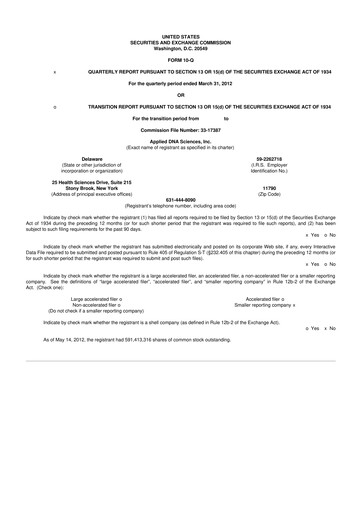 Miniature Applied DNA Sciences
 10-Q Rapport trimestriel 2012 