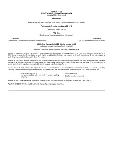 Thumbnail RPC, Inc. 10-Q Quarterly Report FY2012 