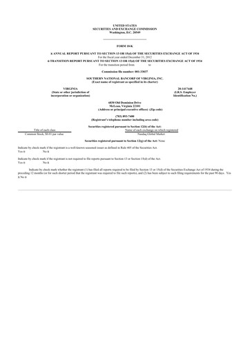 Thumbnail Primis Financial 10-K Annual Report 2012