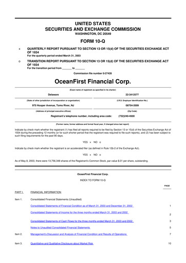 Thumbnail OceanFirst Financial 10-Q Quarterly Report FY 
