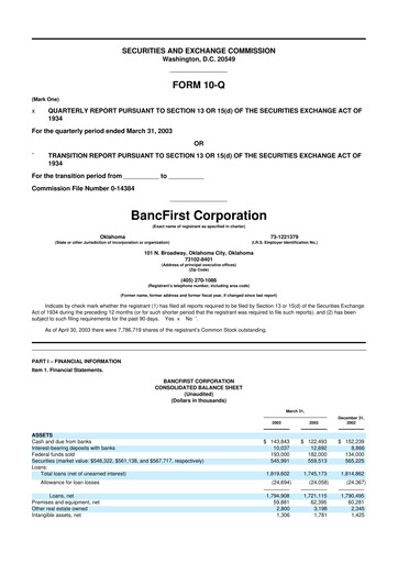 Thumbnail BancFirst 10-Q Quarterly Report FY 