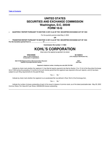 Thumbnail Kohl's
 10-Q Quarterly Report FY 