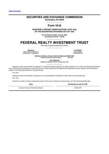Thumbnail Federal Realty Investment Trust
 10-Q Quarterly Report FY 
