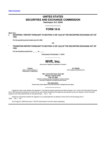 Miniature NVR 10-Q Rapport trimestriel  