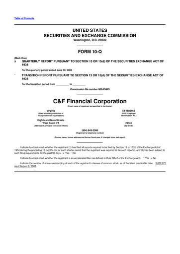 Thumbnail C&F Financial Corporation

 10-Q Quarterly Report FY 