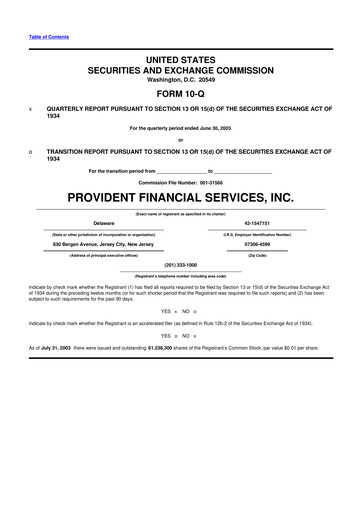 Thumbnail Provident Financial Services 10-Q Quarterly Report FY 