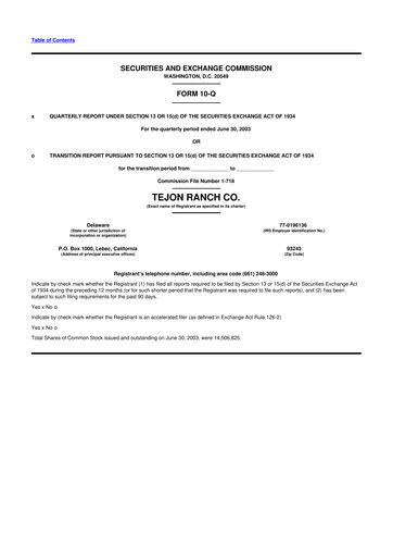 Thumbnail Tejon Ranch
 10-Q Quarterly Report FY 