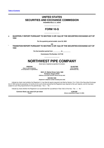 Thumbnail Northwest Pipe Company
 10-Q Quarterly Report FY 