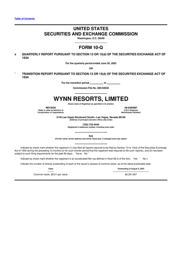 Thumbnail Wynn Resorts
 10-Q Quarterly Report FY 