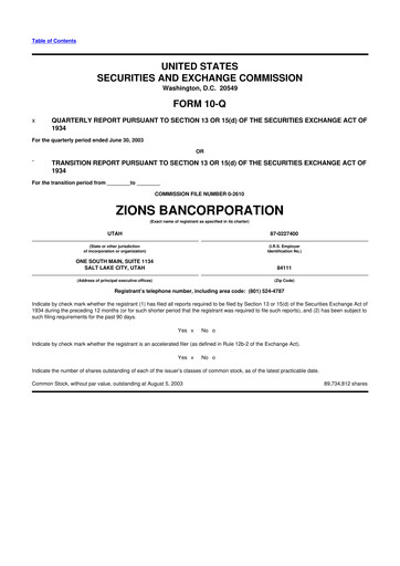 Miniature Zions Bancorporation
 10-Q Rapport trimestriel  