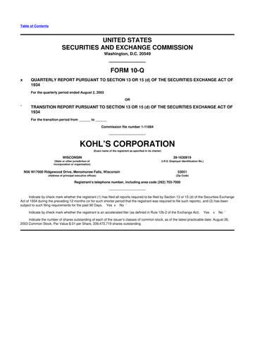 Thumbnail Kohl's
 10-Q Quarterly Report FY 
