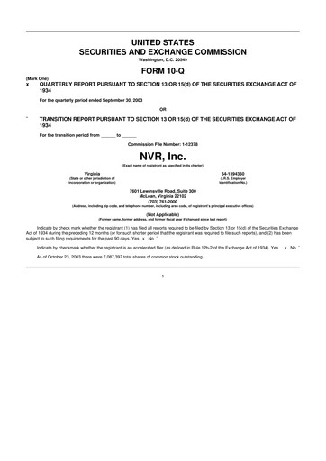Miniature NVR 10-Q Rapport trimestriel  