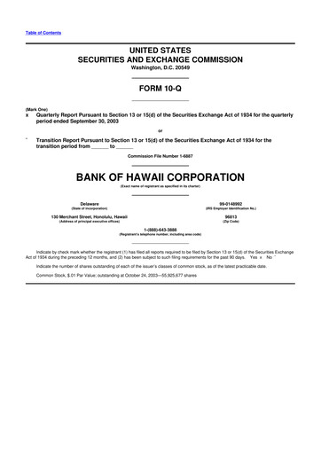 Thumbnail Bank of Hawaii
 10-Q Quarterly Report FY 