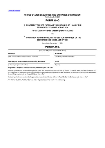 Thumbnail Pentair
 10-Q Quarterly Report FY 