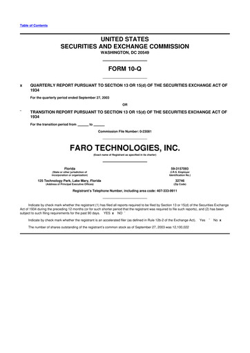 Miniature Faro Technologies
 10-Q Rapport trimestriel  