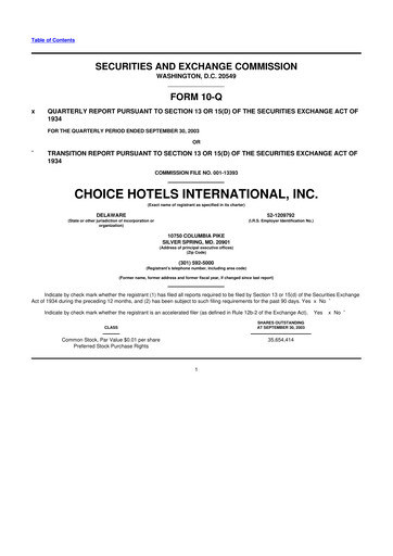 Miniature Choice Hotels International 10-Q Rapport trimestriel  