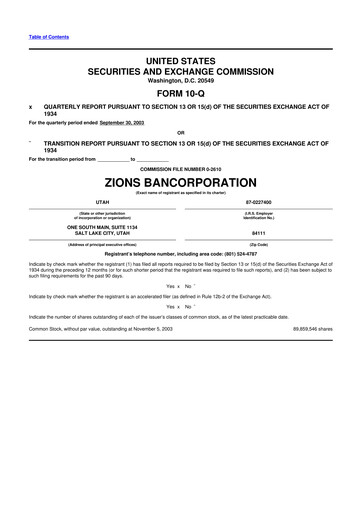 Miniature Zions Bancorporation
 10-Q Rapport trimestriel  