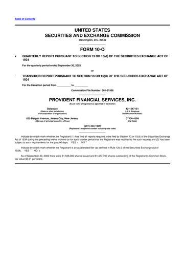 Thumbnail Provident Financial Services 10-Q Quarterly Report FY 