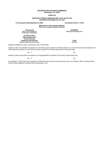 Miniature MSA Safety 10-Q Rapport trimestriel  