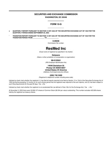 Miniature ResMed 10-Q Rapport trimestriel  