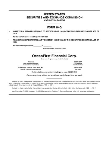 Thumbnail OceanFirst Financial 10-Q Quarterly Report FY 