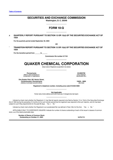 Miniature Quaker Houghton 10-Q Rapport trimestriel  
