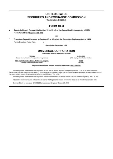 Thumbnail Universal Corporation
 10-Q Quarterly Report FY 