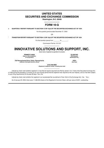 Thumbnail Innovative Solutions and Support 10-Q Quarterly Report FY 