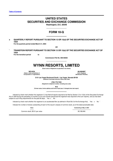 Thumbnail Wynn Resorts
 10-Q Quarterly Report FY 