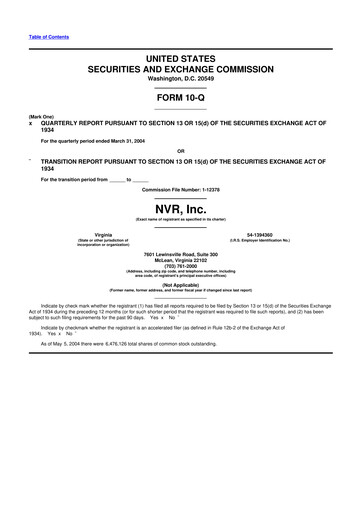 Miniature NVR 10-Q Rapport trimestriel  