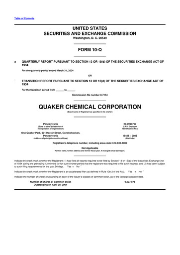 Miniature Quaker Houghton 10-Q Rapport trimestriel  