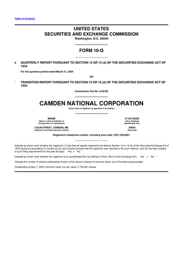 Thumbnail Camden National Corporation
 10-Q Quarterly Report FY 