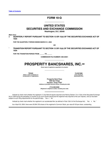 Thumbnail Prosperity Bancshares
 10-Q Quarterly Report FY 