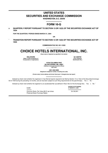Miniature Choice Hotels International 10-Q Rapport trimestriel  