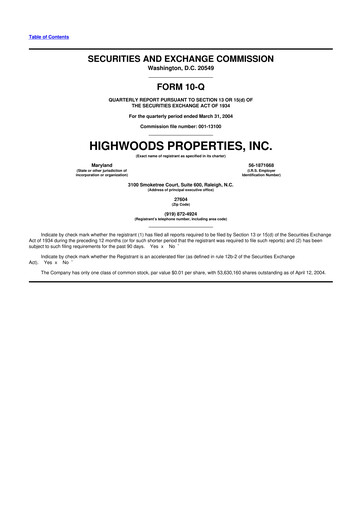 Thumbnail Highwoods Properties
 10-Q Quarterly Report FY 