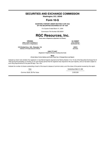 Miniature RGC Resources 10-Q Rapport trimestriel  