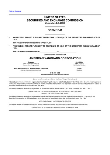 Miniature American Vanguard 10-Q Rapport trimestriel  