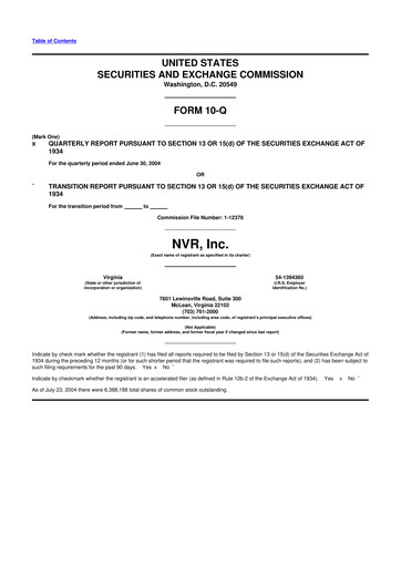 Miniature NVR 10-Q Rapport trimestriel  