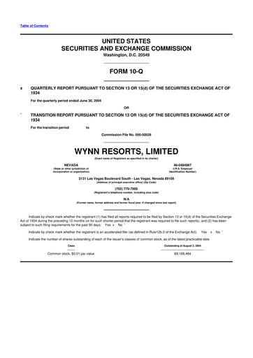 Thumbnail Wynn Resorts
 10-Q Quarterly Report FY 