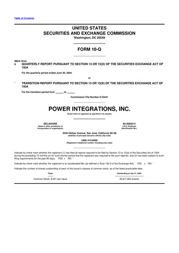 Miniature Power Integrations
 10-Q Rapport trimestriel  