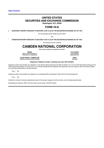 Thumbnail Camden National Corporation
 10-Q Quarterly Report FY 