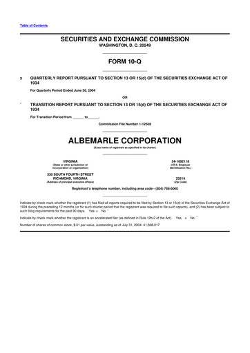 Miniature Albemarle 10-Q Rapport trimestriel  