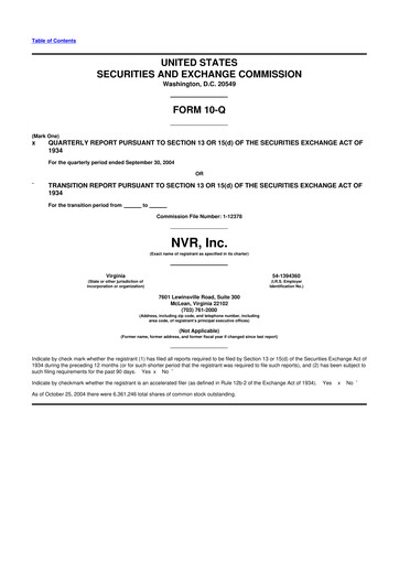 Miniature NVR 10-Q Rapport trimestriel  